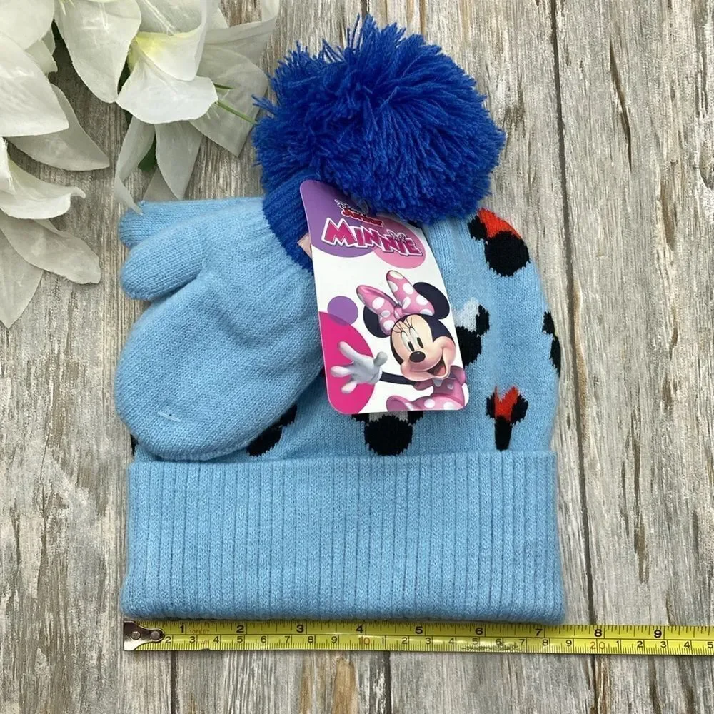 Baby Toddler Girls Minnie Mouse Knit Beanie Hat & Gloves Winter Cozy 2-Piece Set